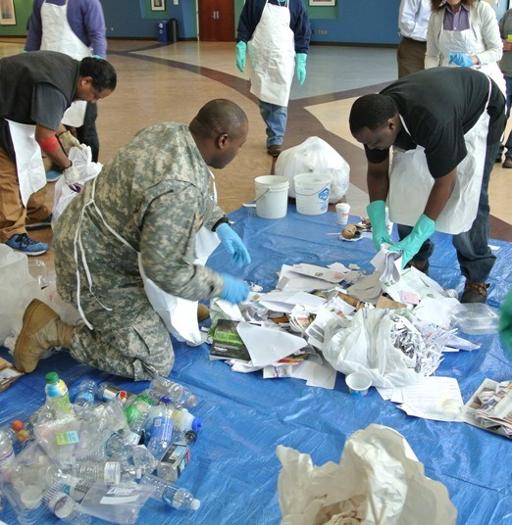 Students conducting a waste sort to monitor waste diversion