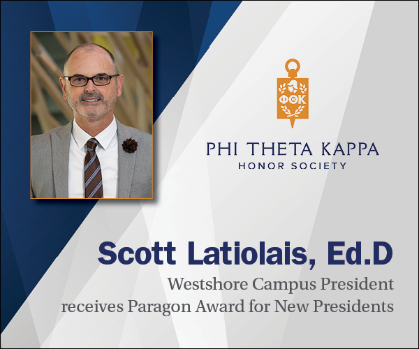 Graphic with image of Scott Latiolais and text about the PTK Paragon Award