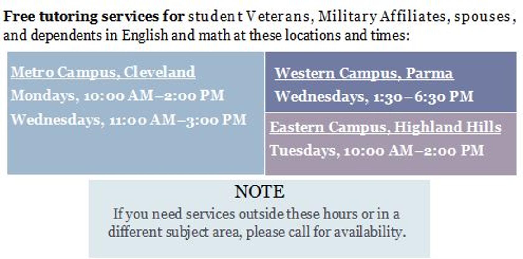 Open Tutoring Hours: Mondays and Wednesdays at Metro Campus, Wednesdays at Western Campus, Tuesdays at Eastern Campus. Call 216-987-4938 for more information
