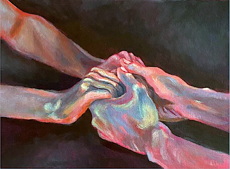 Painting of two sets of hands holding each other