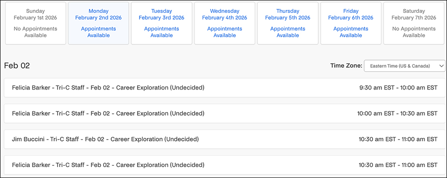 Sample view of available appointment days and times