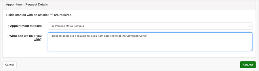 Sample of appointment request details