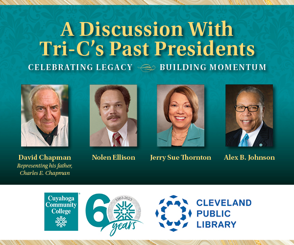 Graphic with images of speakers at panel