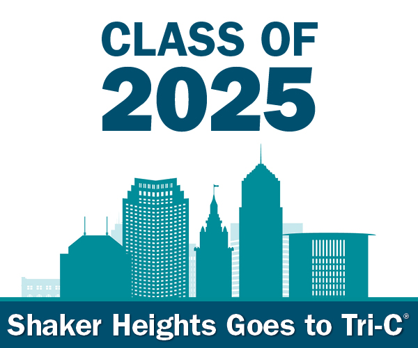 Graphic of Cleveland skyline with text "Shaker Heights Goes to Tri-C"