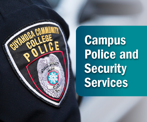 Graphic of Tri-C Police patch with text "Campus Police and Security Services." 