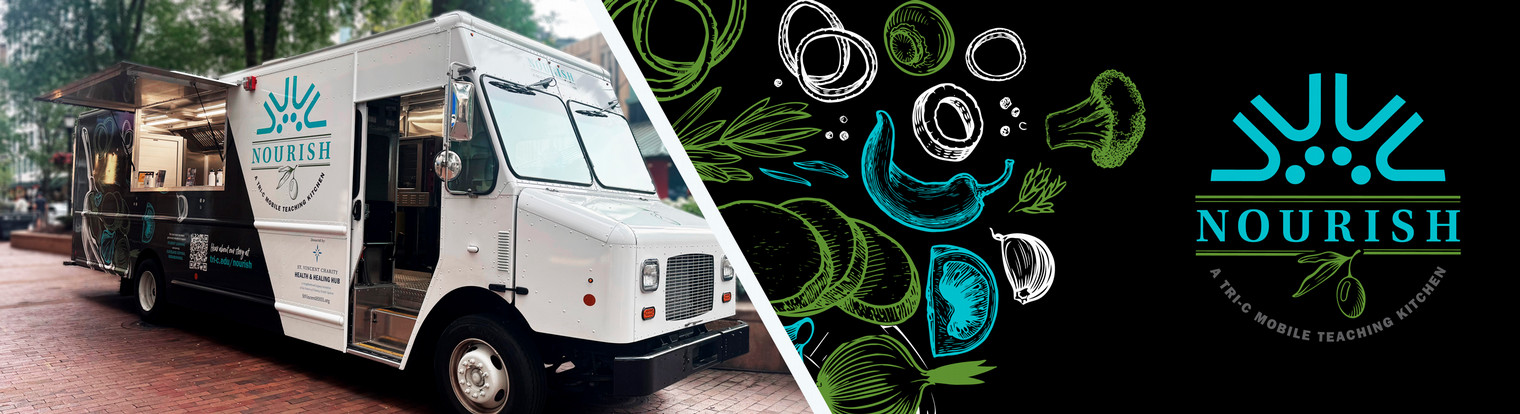 food truck with the words "nourish" on the side of the truck with floating vegetables 