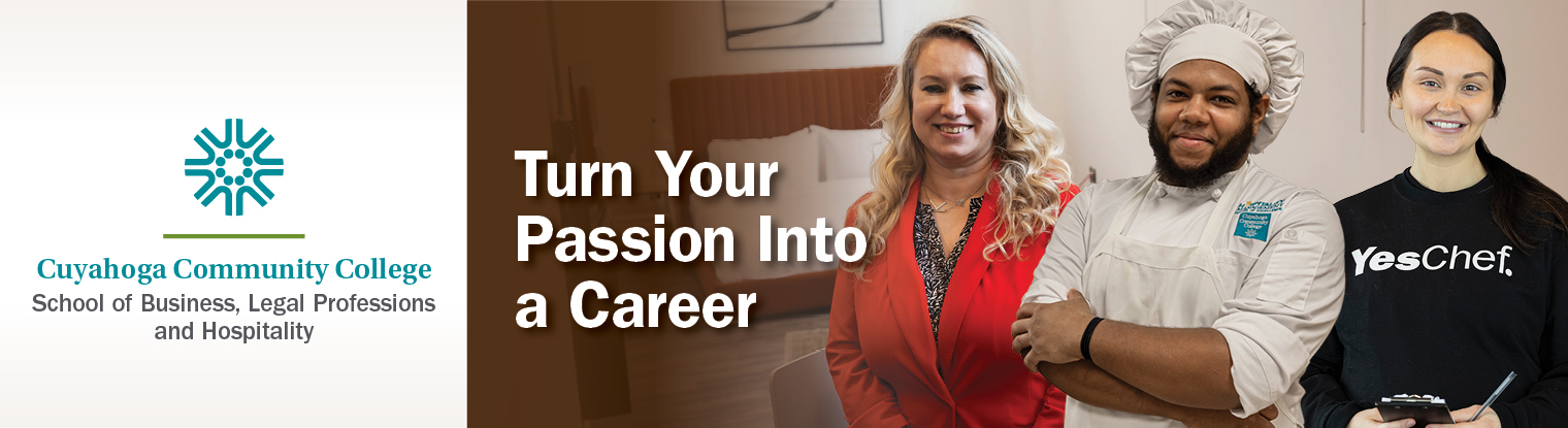 text reads "turn your passion into a career" with three images of students