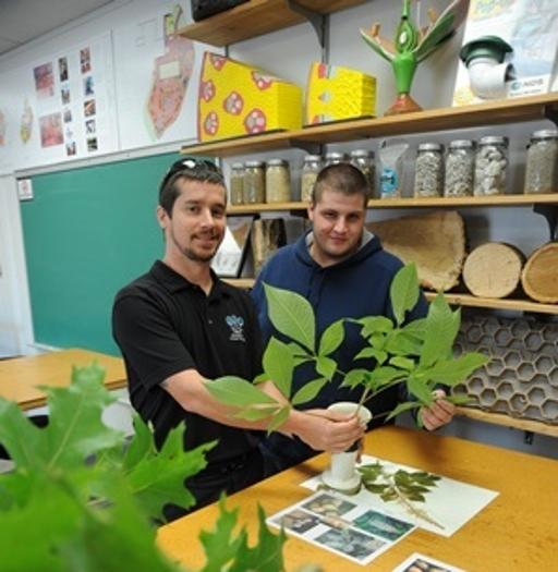 Plant Science and Landscape Technology Professor Jim Funai (left) working with a student on plant identification