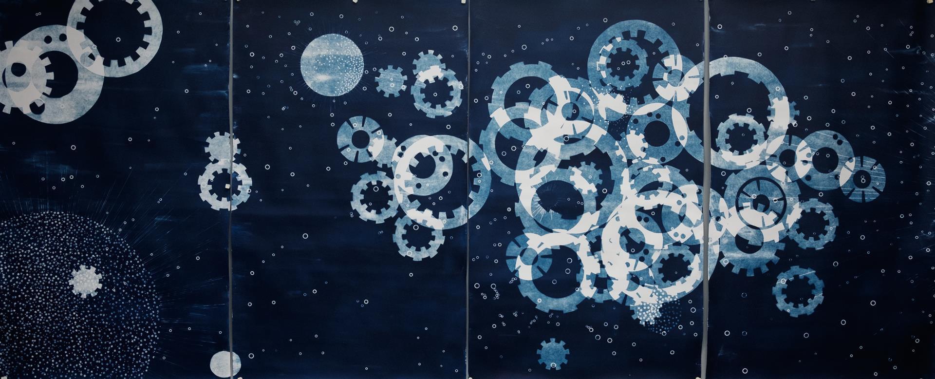 Painting of white gears on a dark blue background