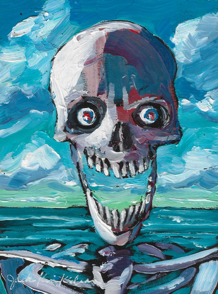 Painting of a skull on a blue background