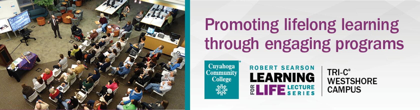 Webpage header banner. Left of banner: group of people watching a screen. On the right: text "Promoting lifelong learning through engaging programs." Learning for Life logo at the bottom
