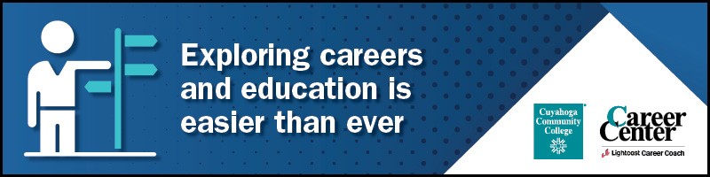 Icon of man standing next to signposts leading different directions. Text: Exploring careers and education is easier than ever