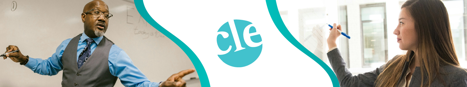 Faculty writing on boards teaching a lesson, with CLE logo included.