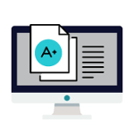 Icon graphic of a document with a grade on a computer screen