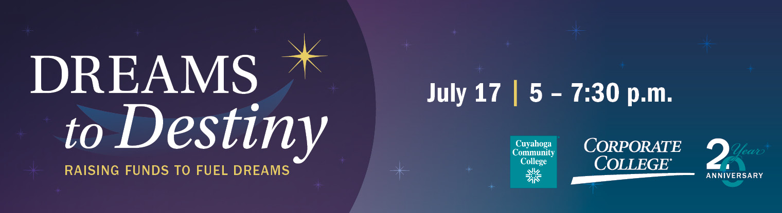 Starry evening graphic for Dreams to Destiny Raising Funds to Fuel Dreams July 17, 5 to 7:30 pm Corporate College