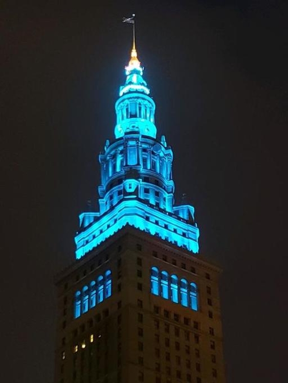 Terminal Tower lit in teal to honor Tri-C Day