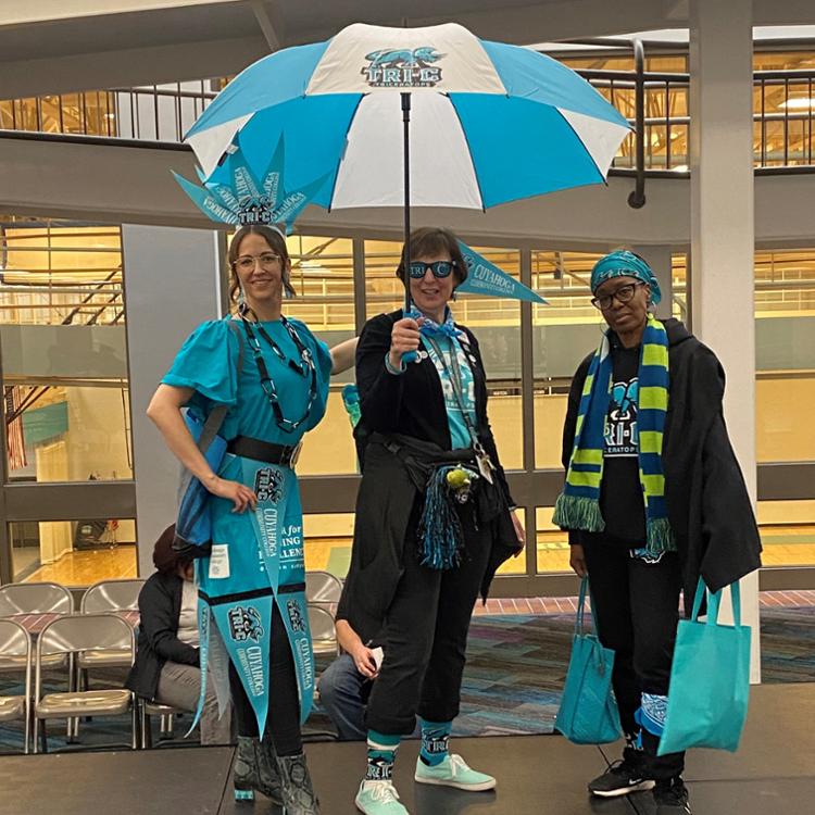 Winners from East Campus costume contest, wearing outfits made of Tri-C "swag"