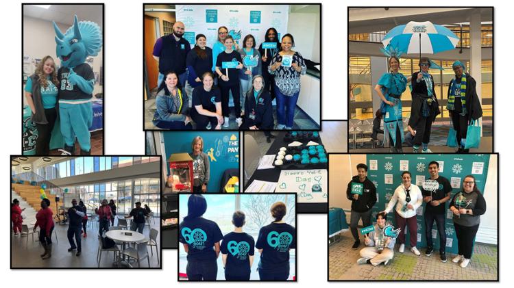 Collage of groups in Tri-C gear, decorations, table displays and snacks