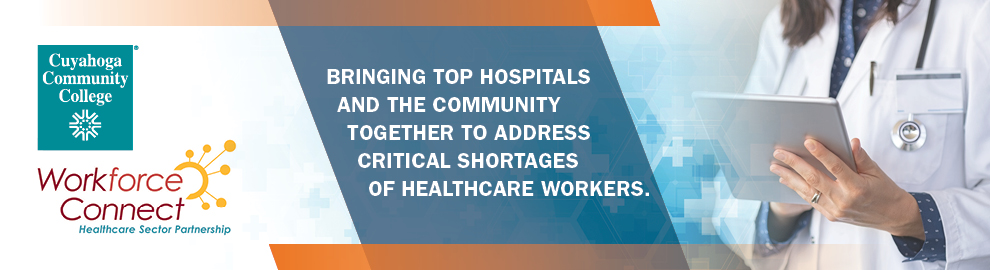 Web slide with medical person holding tablet and words bringing top hospitals together with the community to address critical health care worker shortages