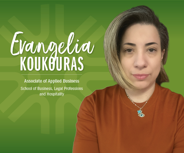 Graphic with image of Evangelia Koukouras