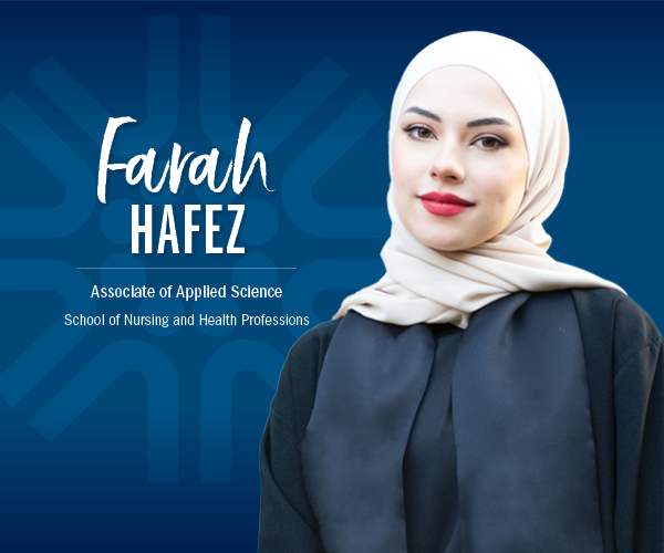 Graphic with image of Farah Hafez