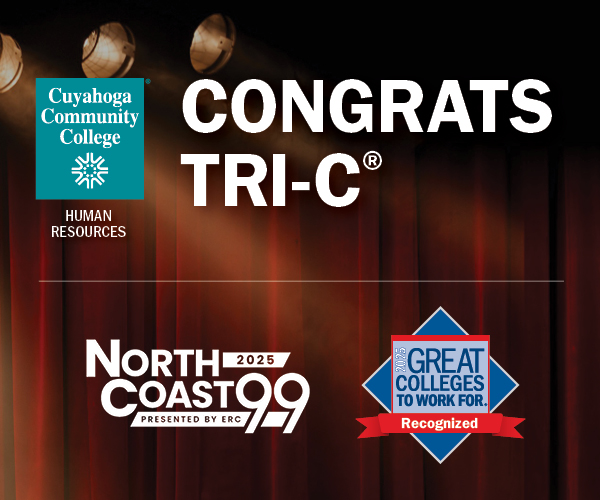 Graphic with Tri-C logo, NorthCoast 99 logo and Great Colleges to Work For logo with text "Congrats Tri-C"