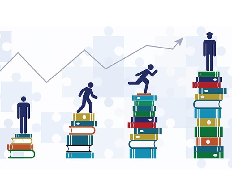 Graphic of figures standing on escalating series of books
