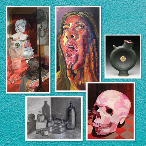 Clockwise from top left: “After the Hatter’s Party" by Duane L. Dickson;  "Sounds of Shrills" by Chassidy Smedley; "Panic Room" by Faith Cogar; "Black Lodge" by Kira Postak; and "Still Life" by Elizabeth Gallagher.