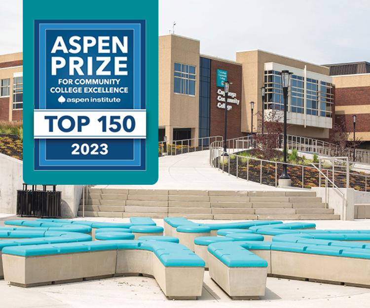 Aspen Prize Top 150 logo with Tri-C campus photo