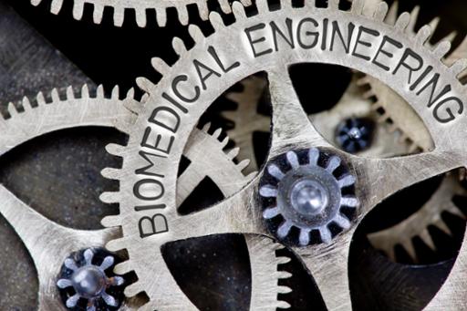 Photo illustration with gears and the words "biomedical engineering"