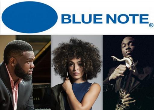 Blue Note Records logo and photos of three of the music label's artists