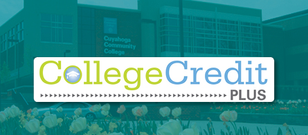 College Credit Plus logo over an image of a Tri-C campus