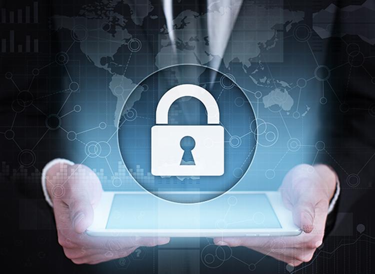 Person holding tablet computer with padlock icon superimposed
