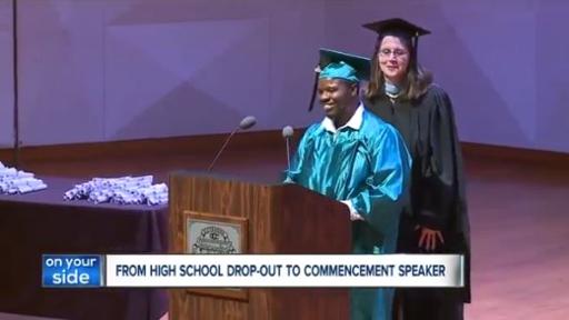 Antonio Dobyne on stage at the Ohio’s Options Adult Diploma Program and High School Equivalency Commencement at Tri-C, as seen on WEWS Channel 5.