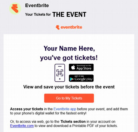 Sample order confirmation email with the orange "Go to My Tickets" button.