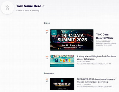 Sample list of orders viewable when logged in to your Eventbrite account.
