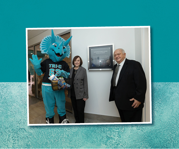 Image of Ann and Lou Frangos with Tri-C mascot Stomp