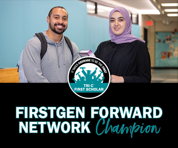 Image of two students with text "FirstGen Forward Network Champion"