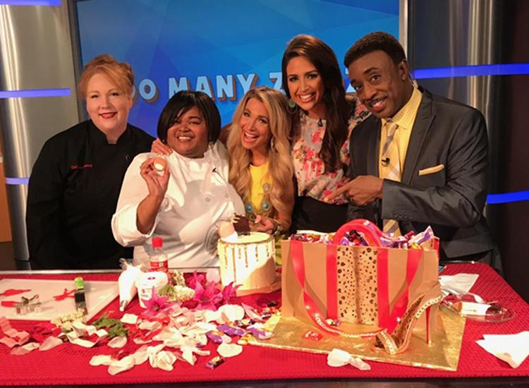 Tri-C culinary arts professor Maureen Leonard; Tri-C graduate Shant'e Dunton; and Fox 8 Morning Show hosts Stefani Schaefer, Kristi Capel and Wayne Dawson during the taping of Wednesday morning's Fox 8 Recipe Box segment.