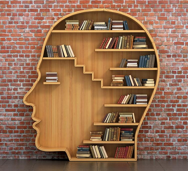 Bookshelf shaped like a head profile, with books stacked inside
