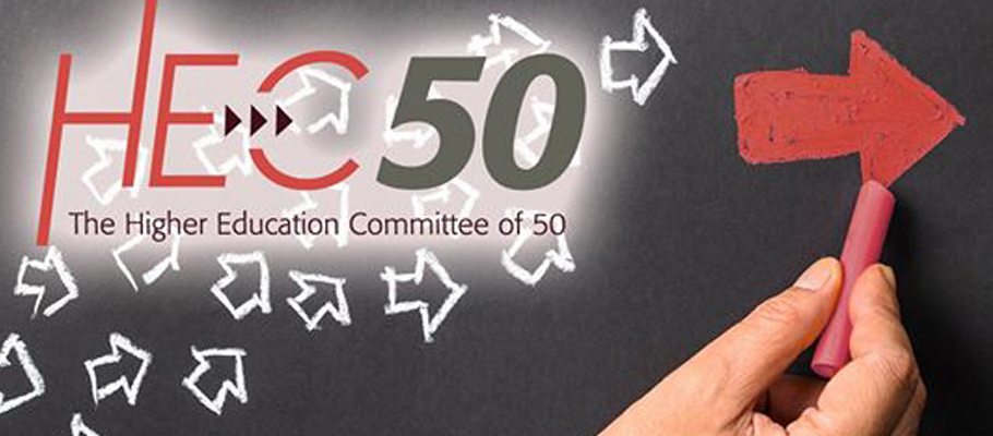 Illustration featuring arrows drawn in chalk and the Higher Education Committee of 50 logo