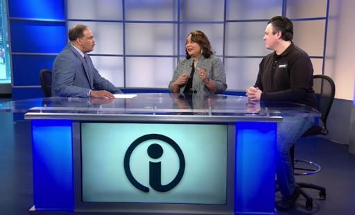 Ideas host Rick Jackson, Tri-C's Monique Umphrey and Ian Schwarber of Drive IT on the set of the show