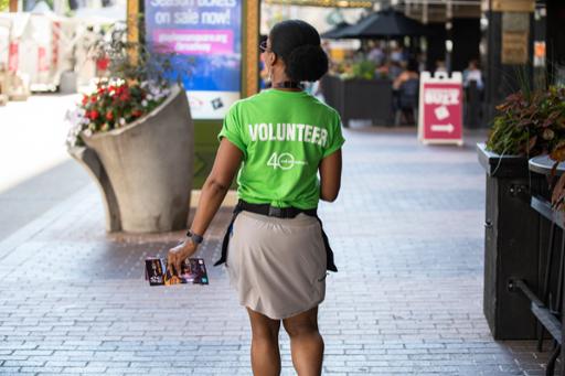 A Tri-C JazzFest volunteer at Playhouse Square
