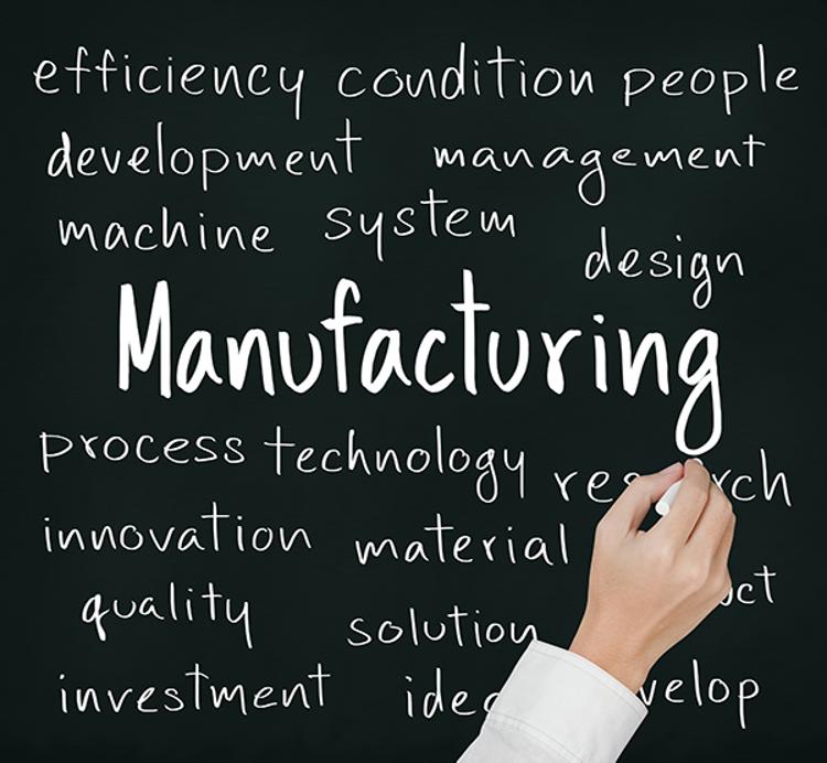 Chalkboard with "manufacturing" written in the center, surrounded by related words
