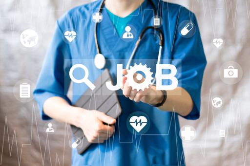 Photo illustration showing a medical professional hitting a virtual JOB button