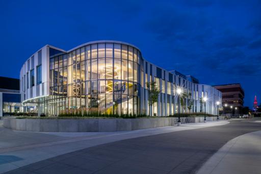 The "Light Tornado" as viewed from outside the Metropolitan Campus Center. Photo by Kevin G. Reeves Photography