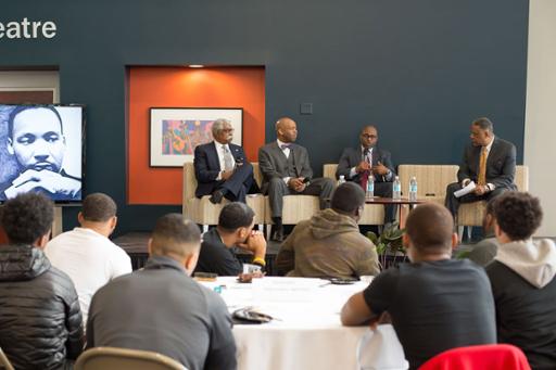 A panel of Morehouse College alumni spoke at Tri-C. The group included (l-r) William Gary, Cory Jenkins, Kevin Carpenter and moderator Thomas Minor.