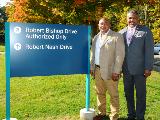 Rolando Nash and Highland Hills Mayor Michael Booker at the dedication of Robert Nash Drive at Tri-C's Eastern Campus.