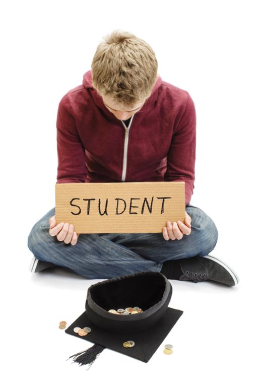 Student with bowed head begging for money with a graduation cap