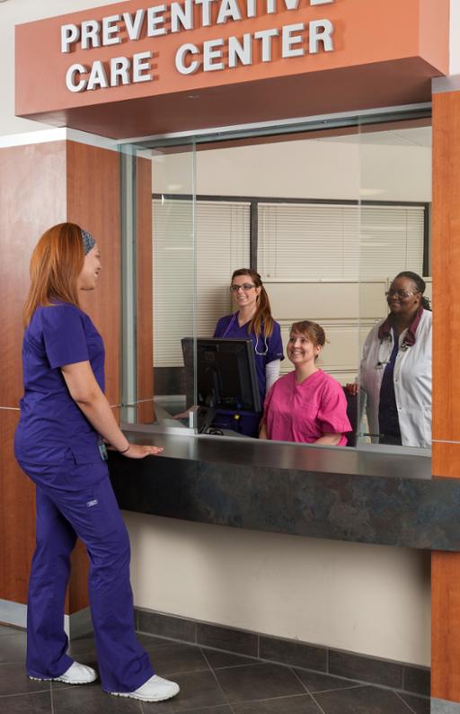 The front desk at the Preventative Care Center at Metro Campus
